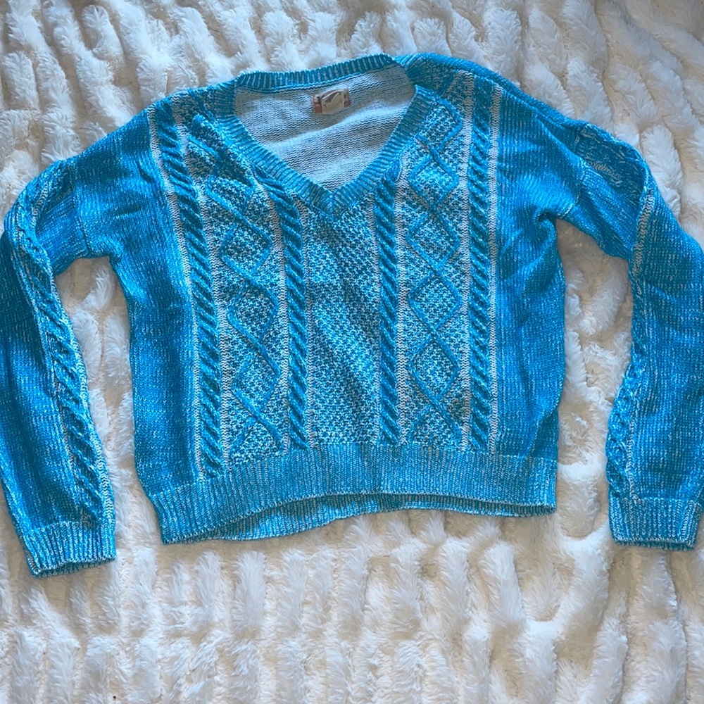 Mudd Womens Sweater‎ Small Blue White V-neck Y2K Cable Knit Pullover